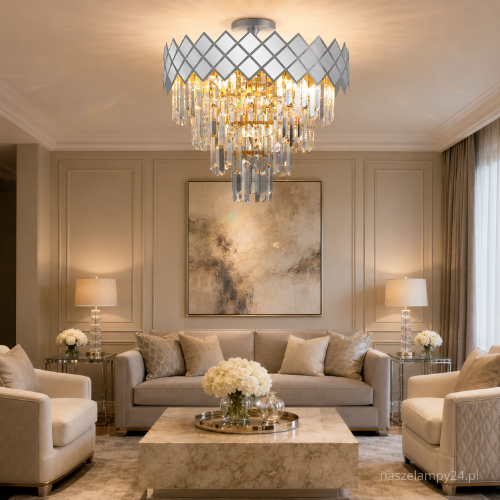 Kryształowy plafon CARISMA 9xE14 to elegancka lampa sufitowa w kolorze chromu. Geometryczny motyw rombów oraz wielopoziomowa kaskada kryształów tworzą efektowną dekorację salonu, jadalni, sypialni lub holu.