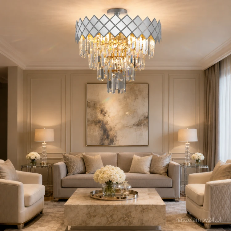 Kryształowy plafon CARISMA 9xE14 to elegancka lampa sufitowa w kolorze chromu. Geometryczny motyw rombów oraz wielopoziomowa kaskada kryształów tworzą efektowną dekorację salonu, jadalni, sypialni lub holu.
