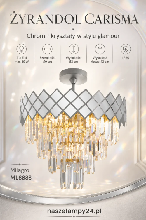 Żyrandol CARISMA chrom Milagro ML8888 zachwyca geometryczną konstrukcją i przezroczystymi kryształami. Plafon ma 50 cm szerokości, 53 cm wysokości oraz dziewięć punktów E14. Doskonały wybór do wnętrz glamour.
