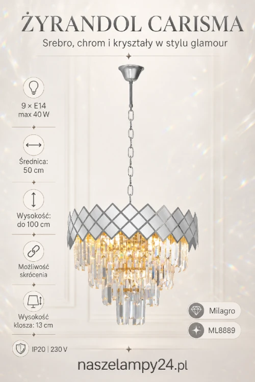 Lampa wisząca CARISMA ML8889 Milagro zachwyca srebrnym wykończeniem i przezroczystymi kryształami. Maksymalna wysokość 100 cm z możliwością skrócenia pozwala dopasować żyrandol nad stół lub do salonu.