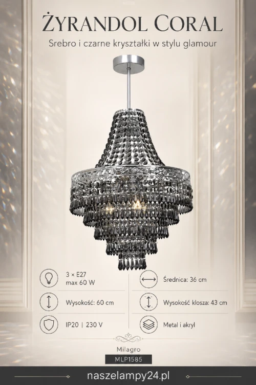 Żyrandol CORAL Milagro MLP1585 to dekoracyjne oświetlenie w stylu glamour. Srebrna metalowa konstrukcja, czarne kryształki z akrylu i trzy oprawki E27 tworzą efektowną lampę do salonu, jadalni, sypialni i przedpokoju.