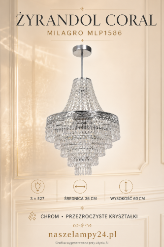 Dodaj wnętrzu elegancji z żyrandolem CORAL MLP1586 Milagro. Chromowana armatura, przezroczyste kryształki i trzy źródła światła E27 tworzą efektowne oświetlenie do salonu, jadalni, sypialni oraz garderoby.