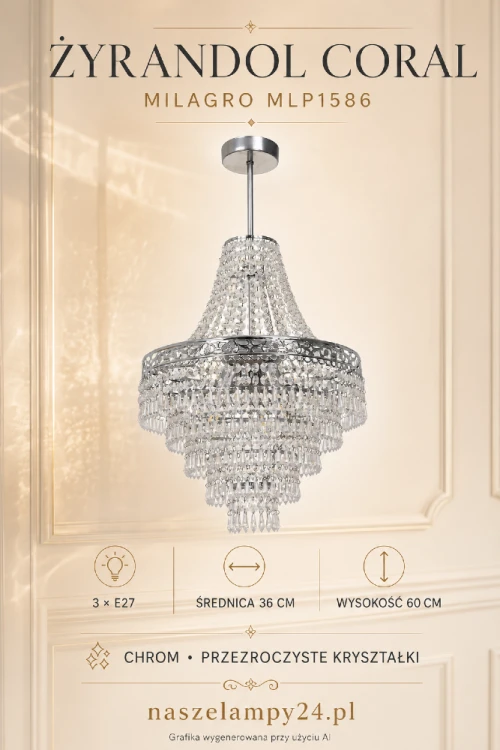 Dodaj wnętrzu elegancji z żyrandolem CORAL MLP1586 Milagro. Chromowana armatura, przezroczyste kryształki i trzy źródła światła E27 tworzą efektowne oświetlenie do salonu, jadalni, sypialni oraz garderoby.