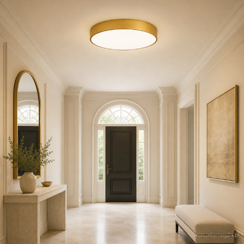 Plafon CLEO 60 cm w kolorze złotym to elegancka lampa do salonu, jadalni, sypialni lub holu. Pięć żarówek E27 zapewnia dobre oświetlenie, a mleczny szklany klosz równomiernie rozprasza światło.