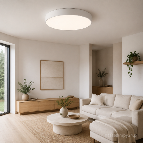 Plafon CLEO 60 cm biały to duża lampa do salonu, jadalni, sypialni lub holu. Pięć żarówek E27 zapewnia dobre oświetlenie, a mleczny szklany klosz równomiernie rozprasza światło i ogranicza oślepianie.