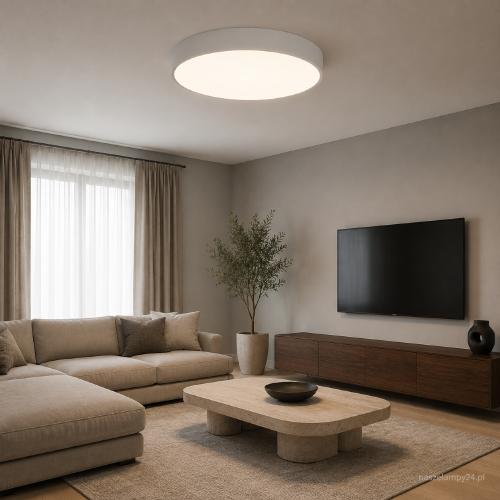 Plafon CLEO 60 cm szary to duża lampa do salonu, jadalni, sypialni lub holu. Pięć żarówek E27 zapewnia dobre oświetlenie, a mleczny szklany klosz równomiernie rozprasza światło i ogranicza oślepianie.