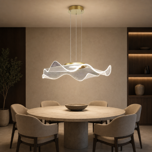Nowoczesna lampa wisząca LED LARGO ML1042 w kolorze szczotkowanego złota. Moc 16W, strumień 1300 lm i barwa 4000K zapewniają funkcjonalne światło. Regulowana wysokość 25–100 cm ułatwia montaż nad stołem lub wyspą.