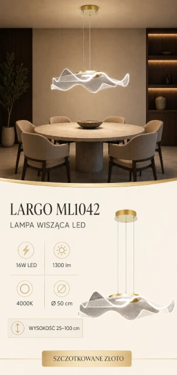LARGO ML1042 to złota lampa wisząca LED o nieregularnej, falistej konstrukcji. Model 16W emituje 1300 lm i światło 4000K. Średnica 50 cm oraz regulowana wysokość pozwalają dopasować lampę do salonu, jadalni lub kuchni.