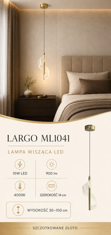 LARGO ML1041 to smukła, złota lampa wisząca LED z dekoracyjną spiralą. Model 10W emituje 900 lm i białe dzienne światło 4000K. Regulowana wysokość 30–100 cm pozwala zamontować lampę przy łóżku, nad wyspą lub barkiem.