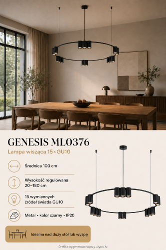 Czarna lampa GENESIS 15×GU10 zachwyca dużą, metalową konstrukcją o średnicy 100 cm. Regulowany zwis 20–180 cm pozwala dopasować ją do salonu, jadalni, kuchni, biura lub wysokiego holu.