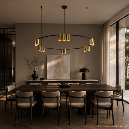 Czarno-złota lampa GENESIS 15×GU10 to efektowne oświetlenie dużej jadalni lub salonu. Metalowa konstrukcja Ø100 cm i regulowana wysokość pozwalają dopasować ją nad stół, wyspę kuchenną albo barek.