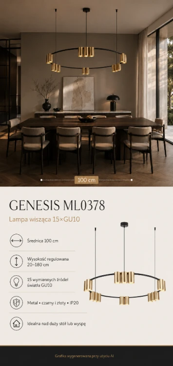 Nowoczesna lampa wisząca Milagro GENESIS ML0378 posiada 15 złotych tub na wymienne żarówki GU10. Czarny pierścień o średnicy 100 cm doskonale prezentuje się nad dużym stołem lub wyspą kuchenną