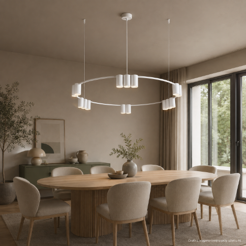 Lampa GENESIS 15×GU10 w białym kolorze to nowoczesne oświetlenie dużej jadalni lub kuchni. Metalowa konstrukcja Ø100 cm i regulowany zwis sprawdzą się nad stołem, wyspą albo barkiem.