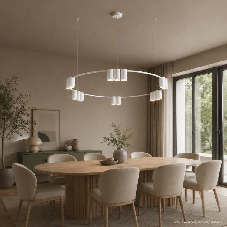 Lampa GENESIS 15×GU10 w białym kolorze to nowoczesne oświetlenie dużej jadalni lub kuchni. Metalowa konstrukcja Ø100 cm i regulowany zwis sprawdzą się nad stołem, wyspą albo barkiem.