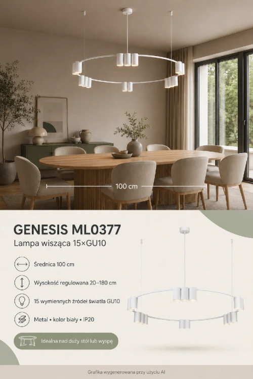 Nowoczesna lampa wisząca Milagro GENESIS ML0377 posiada 15 białych tub na wymienne żarówki GU10. Duża średnica 100 cm doskonale prezentuje się nad stołem w jadalni lub wyspą kuchenną.