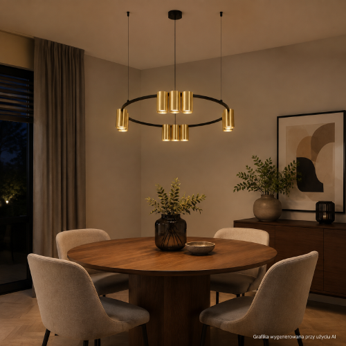 Czarno-złota lampa GENESIS 10×GU10 to efektowne oświetlenie jadalni, kuchni lub salonu. Metalowa konstrukcja Ø60 cm i regulowany zwis pozwalają dopasować ją nad stół, wyspę kuchenną albo barek.