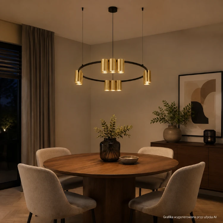 Czarno-złota lampa GENESIS 10×GU10 to efektowne oświetlenie jadalni, kuchni lub salonu. Metalowa konstrukcja Ø60 cm i regulowany zwis pozwalają dopasować ją nad stół, wyspę kuchenną albo barek.