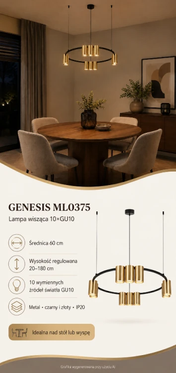 Nowoczesna lampa wisząca Milagro GENESIS ML0375 posiada 10 złotych tub na wymienne żarówki GU10. Czarny pierścień o średnicy 60 cm doskonale prezentuje się nad okrągłym stołem lub mniejszą wyspą kuchenną
