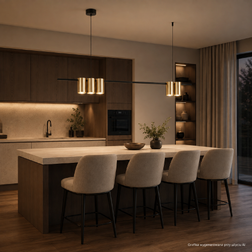 Nowoczesna lampa sufitowa GENESIS 5xGU10 w kolorze czarnym i złotym. Podłużna konstrukcja 100 cm doskonale prezentuje się nad stołem lub wyspą kuchenną. Metalowe wykonanie, regulacja wysokości 20–180 cm i wymienne żarówki.