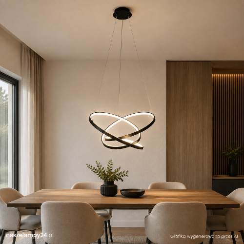 Lampa wisząca LED EMPOLI ML1573 w czarnym kolorze zachwyca dekoracyjną formą. Moc 55W, strumień 3300 lm i neutralna barwa 4000K. Szerokość 60 cm, wysokość 60–110 cm. Idealna do salonu, jadalni i kuchni.