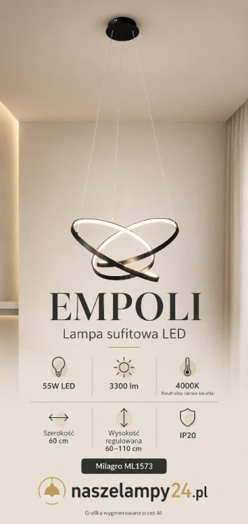 EMPOLI ML1573 Milagro to nowoczesna czarna lampa sufitowa LED 55W. Emituje 3300 lm neutralnego światła 4000K. Ma 60 cm szerokości i regulowaną wysokość 60–110 cm. Sprawdzi się nad stołem, wyspą kuchenną lub barkiem.