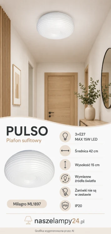 Biała lampa sufitowa PULSO ML1897 o średnicy 42 cm posiada 3 oprawki E27 na wymienne żarówki LED do 15W. Plafon o wysokości 15 cm sprawdzi się jako oświetlenie salonu, sypialni, kuchni, jadalni, holu i korytarza.