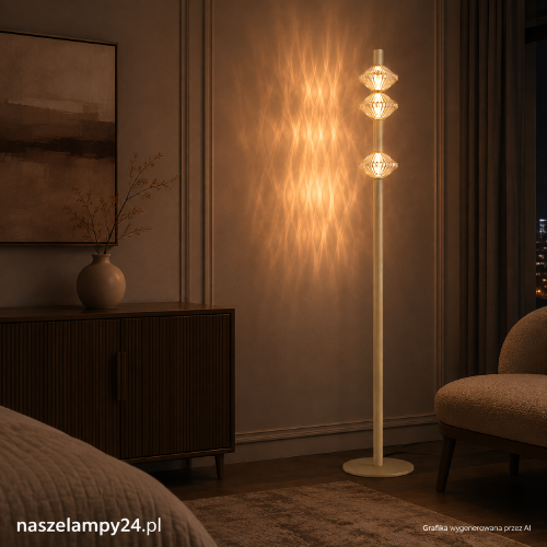 Złota lampa podłogowa LED ML2803 Milagro z trzema fasetowanymi kloszami ze szkła. Moc 19W, 1140 lm i ciepła barwa 3000K. Wysokość 164 cm. Tworzy dekoracyjne refleksy świetlne i doskonale prezentuje się w salonie lub sypialni.