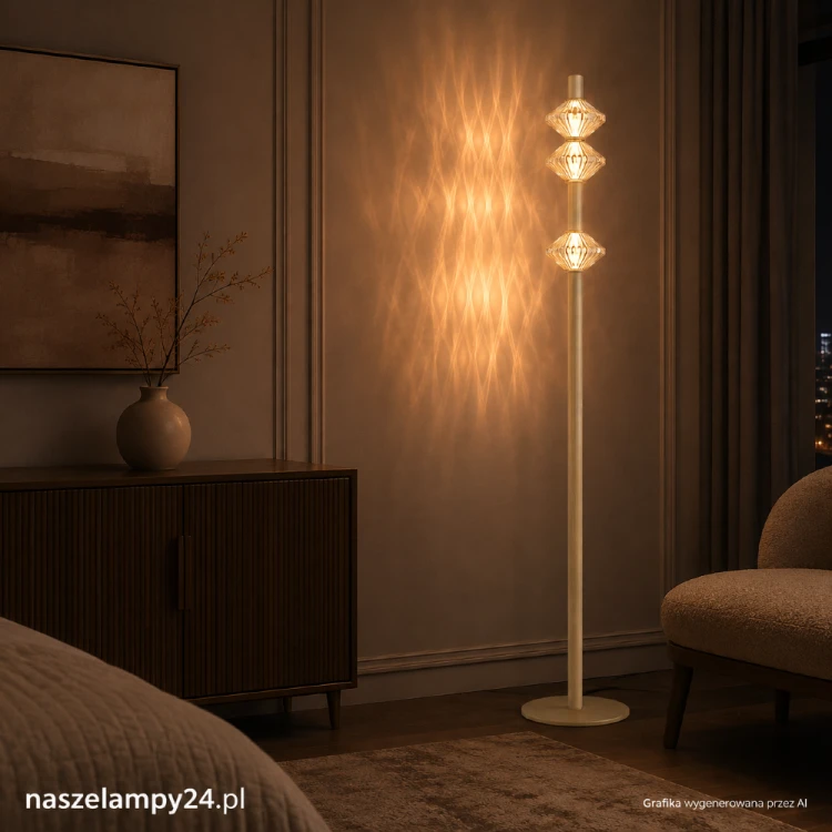 Złota lampa podłogowa LED ML2803 Milagro z trzema fasetowanymi kloszami ze szkła. Moc 19W, 1140 lm i ciepła barwa 3000K. Wysokość 164 cm. Tworzy dekoracyjne refleksy świetlne i doskonale prezentuje się w salonie lub sypialni.