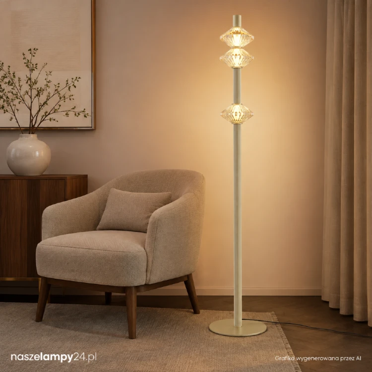 Nowoczesna złota lampa podłogowa LED ML2803 ma 164 cm wysokości i trzy szklane klosze. Emituje ciepłe światło 3000K o strumieniu 1140 lm. Fasetowane szkło tworzy ozdobne refleksy, które podkreślają atmosferę salonu lub sypialni.