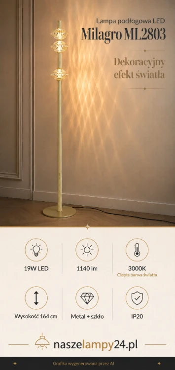 Milagro ML2803 to smukła lampa podłogowa LED w złotym kolorze. Trzy fasetowane klosze ze szkła efektownie załamują ciepłe światło 3000K. Moc 19W, strumień 1140 lm i wysokość 164 cm. Idealna obok sofy, fotela lub komody.