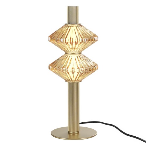 Złota lampka stołowa LED PADRE ML2801 Milagro z dwoma fasetowanymi kloszami. Moc 9W, 540 lm i ciepłe światło 3000K. Wysokość 38 cm. Tworzy dekoracyjne refleksy na ścianie i pięknie prezentuje się w salonie lub sypialni.