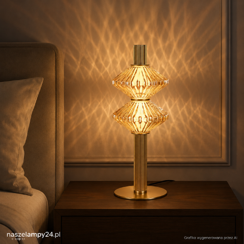 Lampka stołowa PADRE ML2801 w złotym kolorze ma 38 cm wysokości. Moduł LED 9W zapewnia 540 lm i ciepłą barwę 3000K. Dwa fasetowane klosze tworzą ozdobny wzór światła. Idealna na stolik nocny, komodę lub konsolę.