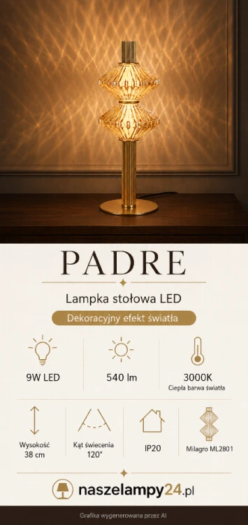 PADRE ML2801 Milagro to złota lampka stołowa LED z dwoma dekoracyjnymi kloszami. Emituje ciepłe światło 3000K o strumieniu 540 lm. Fasetowane powierzchnie tworzą efektowne refleksy na ścianie. Wysokość lampki wynosi 38 cm.