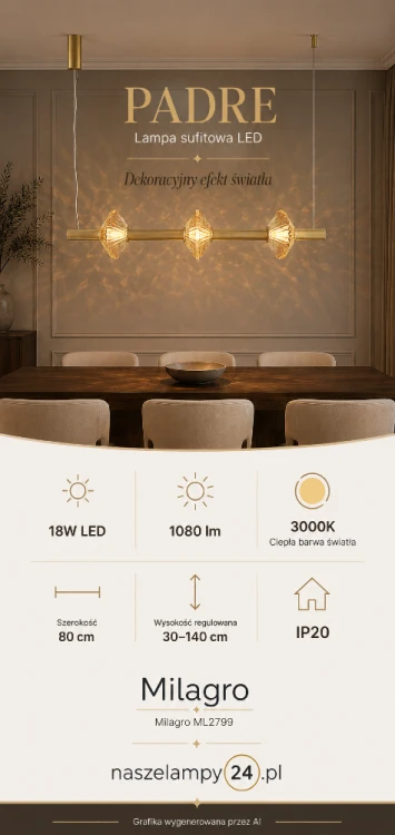PADRE ML2799 Milagro to złota lampa sufitowa LED z trzema fasetowanymi kloszami. Emituje 1080 lm ciepłego światła 3000K. Moc 18W, szerokość 80 cm i regulowana wysokość 30–140 cm. Idealna do jadalni, kuchni i salonu.