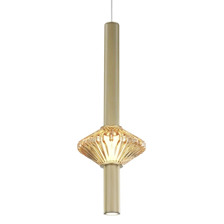 Złota lampa sufitowa PADRE Milagro z LED 7W i ciepłą barwą 3000K. Szklany element efektownie rozprasza światło, a regulacja wysokości 60–160 cm ułatwia montaż nad stolikiem nocnym, stołem, barkiem lub wyspą kuchenną.