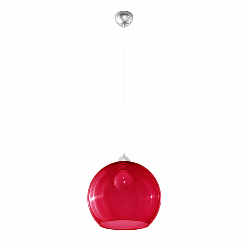 Czerwona lampa wisząca BALL z transparentnym szklanym kloszem o średnicy 30 cm. Oprawa na jedną żarówkę E27 sprawdzi się nad stołem, wyspą kuchenną lub barkiem. Wyrazisty kolor ożywi nowoczesne, loftowe i eklektyczne wnętrze.