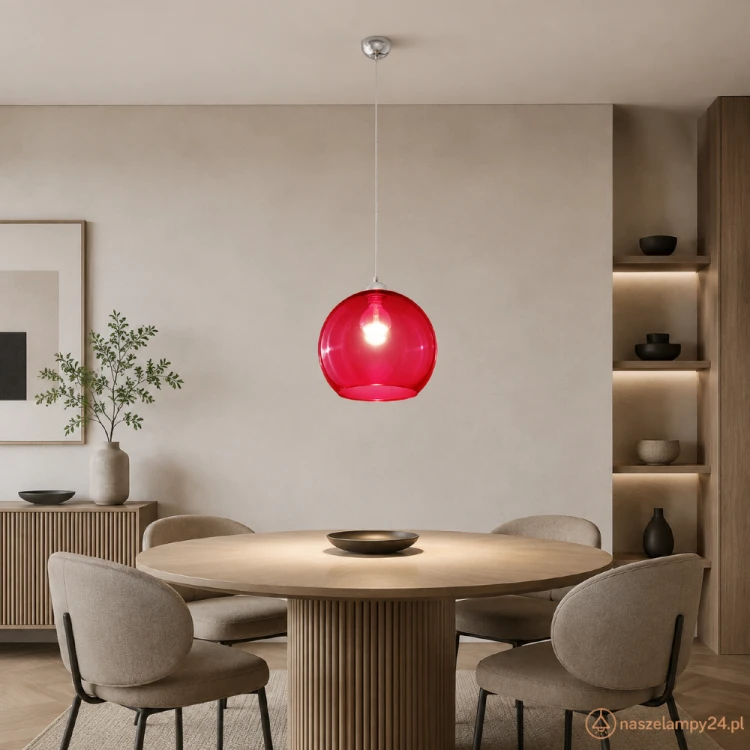 Szklana lampa wisząca BALL w czerwonym kolorze to efektowne oświetlenie nad stół, barek lub wyspę kuchenną. Transparentny klosz kula 30 cm eksponuje żarówkę E27 i tworzy wyrazisty akcent w nowoczesnym wnętrzu.