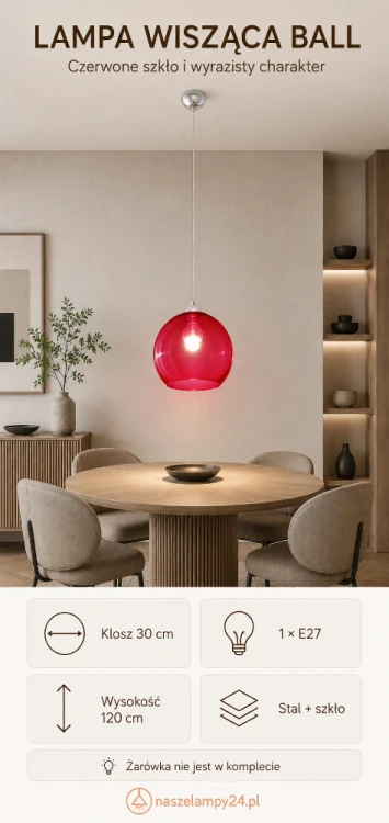 Czerwona lampa sufitowa BALL ze szklanym kloszem 30 cm pasuje do kuchni, salonu, jadalni i sypialni. Model na żarówkę E27 można zawiesić pojedynczo lub w równym rzędzie nad dłuższym blatem. Źródło światła należy dokupić osobno.