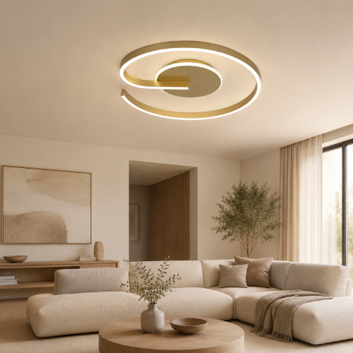 LORENZO ML1849 to nowoczesny złoty plafon LED do eleganckich wnętrz. Zintegrowane źródło 22 W emituje 1180 lm neutralnego światła 4000 K. Spiralna lampa sufitowa o szerokości 50 cm efektownie oświetli salon, sypialnię lub jadalnię.