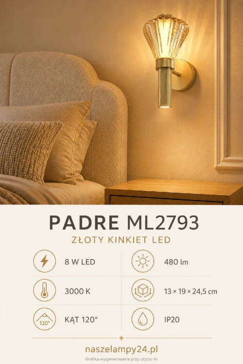Elegancki kinkiet PADRE ML2793 w złotym kolorze zapewnia ciepłe światło 3000 K. Zintegrowany moduł LED 8 W emituje 480 lm, a szklany klosz tworzy dekoracyjne refleksy. Idealna lampa ścienna do sypialni, salonu lub holu.