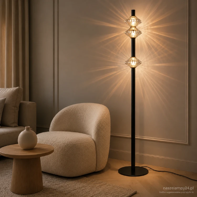 PADRE ML2802 to nowoczesna czarna lampa podłogowa LED o wysokości 164 cm. Trzy dekoracyjne klosze ze szkła efektownie załamują światło. Model oferuje moc 19 W, strumień 1140 lm i ciepłą barwę 3000 K, idealną do strefy wypoczynkowej.