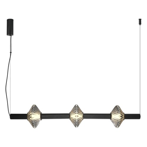 Czarna lampa wisząca LED PADRE ML2798 Milagro ma trzy fasetowane klosze tworzące dekoracyjne refleksy. Moc 18 W, 1080 lm i ciepła barwa 3000 K zapewniają przyjemne światło nad stołem, wyspą kuchenną lub barkiem.
