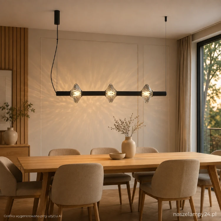 PADRE ML2798 to nowoczesna czarna lampa wisząca LED z trzema szklanymi kloszami. Szerokość 80 cm i regulowana wysokość 30–140 cm sprawdzą się nad stołem lub wyspą. Model oferuje 18 W, 1080 lm i ciepłe światło 3000 K.