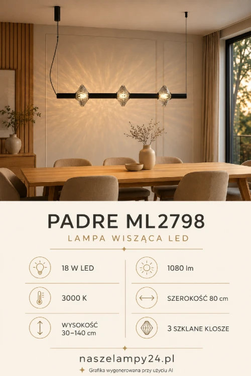 Lampa wisząca PADRE ML2798 zachwyca czarną poziomą formą i trzema fasetowanymi kloszami. LED 18 W zapewnia 1080 lm ciepłego światła 3000 K. Regulowana wysokość pozwala dopasować lampę nad stół, wyspę kuchenną lub barek.