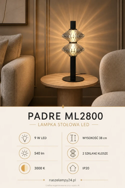 Lampka stołowa PADRE ML2800 zachwyca czarną ryflowaną formą i dwoma szklanymi kloszami. Ciepłe światło 3000 K tworzy na ścianie dekoracyjne promienie. LED 9 W i 540 lm sprawdzą się na stoliku nocnym, komodzie lub konsoli.