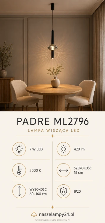 Lampa wisząca PADRE ML2796 zachwyca czarnym ryflowanym korpusem i fasetowanym kloszem. LED 7 W zapewnia 420 lm ciepłego światła 3000 K. Regulowana wysokość pozwala dopasować lampę nad stół, wyspę kuchenną lub barek.