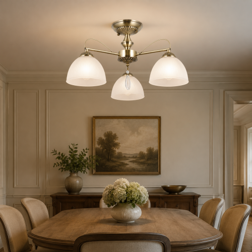Klasyczna lampa sufitowa Italux MORETI 3×E27 łączy antyczny mosiądz z białymi szklanymi kloszami. Średnica 50 cm i wysokość 27 cm sprawiają, że dobrze pasuje do salonu, jadalni, sypialni oraz gabinetu.
