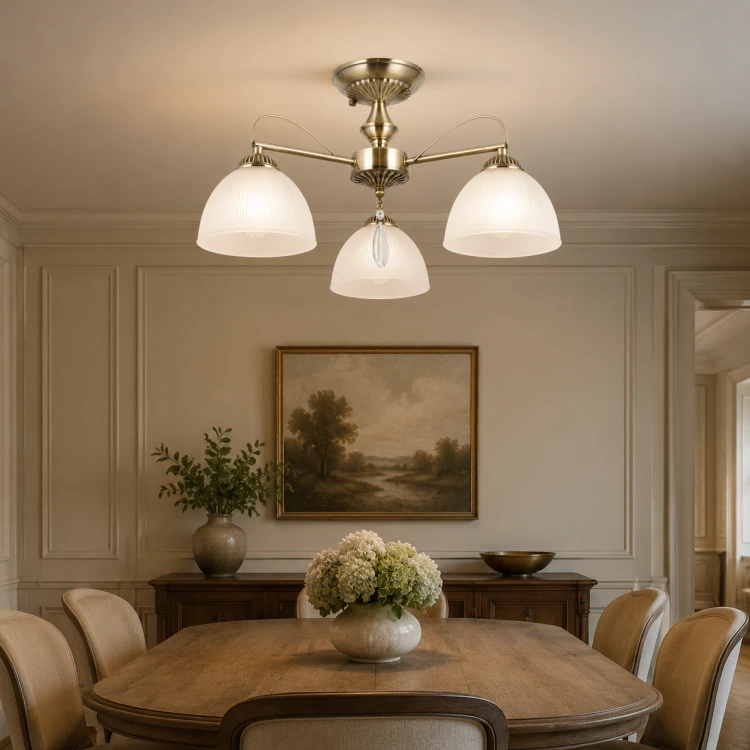 Klasyczna lampa sufitowa Italux MORETI 3×E27 łączy antyczny mosiądz z białymi szklanymi kloszami. Średnica 50 cm i wysokość 27 cm sprawiają, że dobrze pasuje do salonu, jadalni, sypialni oraz gabinetu.
