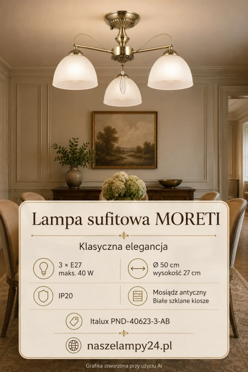 Elegancka lampa sufitowa MORETI PND-40623-3-AB z trzema białymi kloszami. Metalowa oprawa w kolorze antycznego mosiądzu podkreśla klasyczny i retro charakter lampy. Model na trzy żarówki E27, maks. 40 W.
