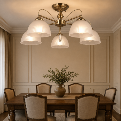 Klasyczna lampa sufitowa Italux MORETI 5×E27 łączy metalową konstrukcję w kolorze patyny z białymi kloszami ze szkła. Średnica 60 cm i wysokość 27 cm sprawdzą się w salonie, jadalni, sypialni lub gabinecie.